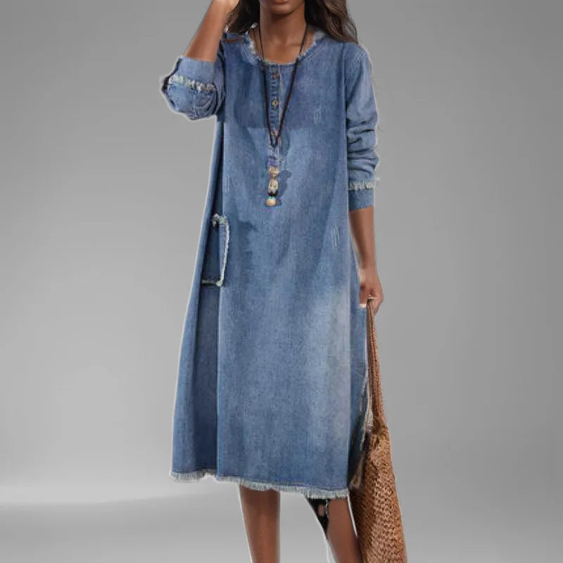Liselotte® | Løs Denim Kjole med Lange Ærmer