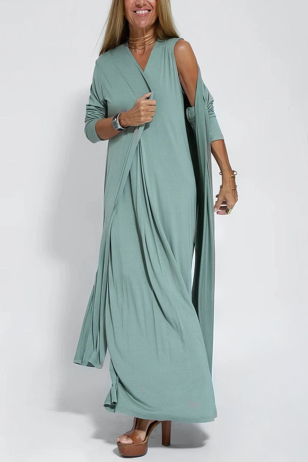 Yrsa® | Elegant lang kjole + matchende cardigan i GAVE
